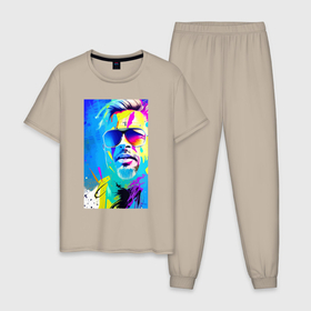 Мужская пижама хлопок с принтом Brad Pitt   sketch   pop art в Санкт-Петербурге, 100% хлопок | брюки и футболка прямого кроя, без карманов, на брюках мягкая резинка на поясе и по низу штанин
 | 