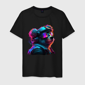 Мужская футболка хлопок с принтом Медведь аудиофил в очках под неоном в Петрозаводске, 100% хлопок | прямой крой, круглый вырез горловины, длина до линии бедер, слегка спущенное плечо. | 