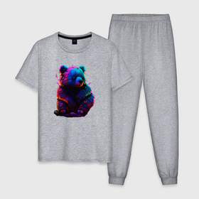 Мужская пижама хлопок с принтом Неоновый медвежонок в Санкт-Петербурге, 100% хлопок | брюки и футболка прямого кроя, без карманов, на брюках мягкая резинка на поясе и по низу штанин
 | 