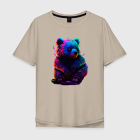 Мужская футболка хлопок Oversize с принтом Неоновый медвежонок в Санкт-Петербурге, 100% хлопок | свободный крой, круглый ворот, “спинка” длиннее передней части | 