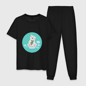 Мужская пижама хлопок с принтом Полярный медвежонок с рыбой на льдине в Тюмени, 100% хлопок | брюки и футболка прямого кроя, без карманов, на брюках мягкая резинка на поясе и по низу штанин
 | 