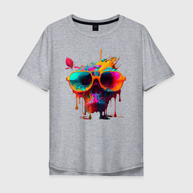 Мужская футболка хлопок Oversize с принтом Красочный неоновый коктейль в черепе в Курске, 100% хлопок | свободный крой, круглый ворот, “спинка” длиннее передней части | 