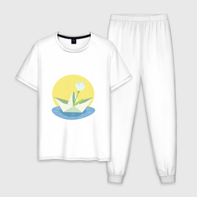 Мужская пижама хлопок с принтом Бумажный кораблик и весенний цветок в Курске, 100% хлопок | брюки и футболка прямого кроя, без карманов, на брюках мягкая резинка на поясе и по низу штанин
 | 