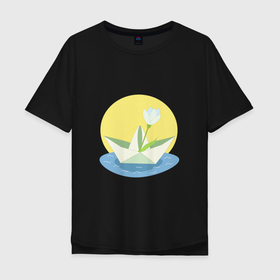 Мужская футболка хлопок Oversize с принтом Бумажный кораблик и весенний цветок в Белгороде, 100% хлопок | свободный крой, круглый ворот, “спинка” длиннее передней части | Тематика изображения на принте: 