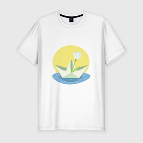 Мужская футболка хлопок Slim с принтом Бумажный кораблик и весенний цветок в Курске, 92% хлопок, 8% лайкра | приталенный силуэт, круглый вырез ворота, длина до линии бедра, короткий рукав | 
