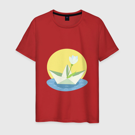 Мужская футболка хлопок с принтом Бумажный кораблик и весенний цветок в Курске, 100% хлопок | прямой крой, круглый вырез горловины, длина до линии бедер, слегка спущенное плечо. | 