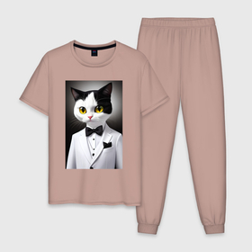 Мужская пижама хлопок с принтом Котёнок   джентльмен   мем в Тюмени, 100% хлопок | брюки и футболка прямого кроя, без карманов, на брюках мягкая резинка на поясе и по низу штанин
 | Тематика изображения на принте: 