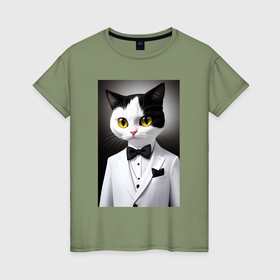 Женская футболка хлопок с принтом Котёнок   джентльмен   мем в Екатеринбурге, 100% хлопок | прямой крой, круглый вырез горловины, длина до линии бедер, слегка спущенное плечо | 
