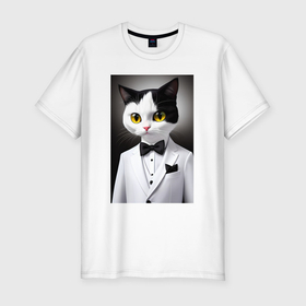 Мужская футболка хлопок Slim с принтом Котёнок   джентльмен   мем в Петрозаводске, 92% хлопок, 8% лайкра | приталенный силуэт, круглый вырез ворота, длина до линии бедра, короткий рукав | 