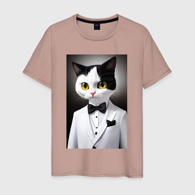 Мужская футболка хлопок с принтом Котёнок   джентльмен   мем в Тюмени, 100% хлопок | прямой крой, круглый вырез горловины, длина до линии бедер, слегка спущенное плечо. | Тематика изображения на принте: 