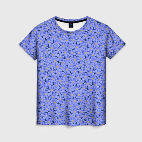 Женская футболка 3D с принтом Незабудки цветочный паттерн на темном фоне в Санкт-Петербурге, 100% полиэфир ( синтетическое хлопкоподобное полотно) | прямой крой, круглый вырез горловины, длина до линии бедер | 