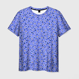 Мужская футболка 3D с принтом Незабудки цветочный паттерн на темном фоне в Кировске, 100% полиэфир | прямой крой, круглый вырез горловины, длина до линии бедер | 