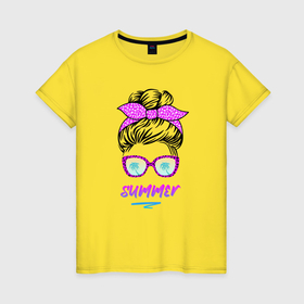 Женская футболка хлопок с принтом Лето   девушка в розовых солнцезащитных очках в Новосибирске, 100% хлопок | прямой крой, круглый вырез горловины, длина до линии бедер, слегка спущенное плечо | 