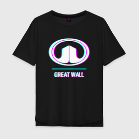 Мужская футболка хлопок Oversize с принтом Значок Great Wall в стиле glitch в Петрозаводске, 100% хлопок | свободный крой, круглый ворот, “спинка” длиннее передней части | 