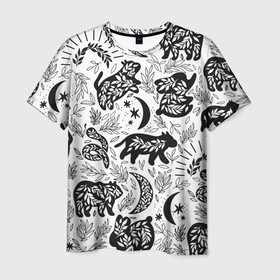 Мужская футболка 3D с принтом Веточки и лесные звери   паттерн в Белгороде, 100% полиэфир | прямой крой, круглый вырез горловины, длина до линии бедер | 