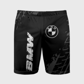 Мужские шорты спортивные с принтом BMW speed на темном фоне со следами шин: надпись, символ в Петрозаводске,  |  | Тематика изображения на принте: 