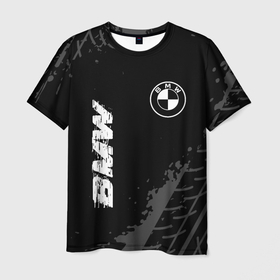 Мужская футболка 3D с принтом BMW speed на темном фоне со следами шин: надпись, символ в Курске, 100% полиэфир | прямой крой, круглый вырез горловины, длина до линии бедер | 