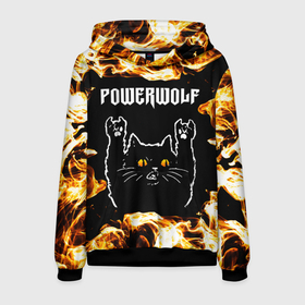 Мужская толстовка 3D с принтом Powerwolf рок кот и огонь в Екатеринбурге, 100% полиэстер | двухслойный капюшон со шнурком для регулировки, мягкие манжеты на рукавах и по низу толстовки, спереди карман-кенгуру с мягким внутренним слоем. | 