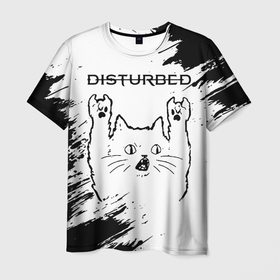 Мужская футболка 3D с принтом Disturbed рок кот на светлом фоне в Санкт-Петербурге, 100% полиэфир | прямой крой, круглый вырез горловины, длина до линии бедер | 