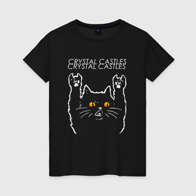 Женская футболка хлопок с принтом Crystal Castles rock cat , 100% хлопок | прямой крой, круглый вырез горловины, длина до линии бедер, слегка спущенное плечо | 