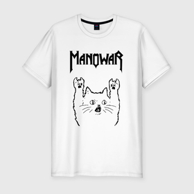 Мужская футболка хлопок Slim с принтом Manowar   rock cat в Санкт-Петербурге, 92% хлопок, 8% лайкра | приталенный силуэт, круглый вырез ворота, длина до линии бедра, короткий рукав | 