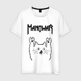 Мужская футболка хлопок с принтом Manowar   rock cat в Новосибирске, 100% хлопок | прямой крой, круглый вырез горловины, длина до линии бедер, слегка спущенное плечо. | 