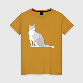 Женская футболка хлопок с принтом Серый кот весь внимание в Белгороде, 100% хлопок | прямой крой, круглый вырез горловины, длина до линии бедер, слегка спущенное плечо | 