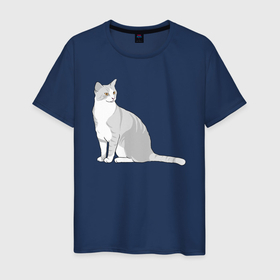 Мужская футболка хлопок с принтом Серый кот весь внимание в Новосибирске, 100% хлопок | прямой крой, круглый вырез горловины, длина до линии бедер, слегка спущенное плечо. | 