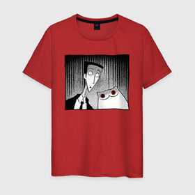 Мужская футболка хлопок с принтом Мрачный кот и мрачный человек в Екатеринбурге, 100% хлопок | прямой крой, круглый вырез горловины, длина до линии бедер, слегка спущенное плечо. | 