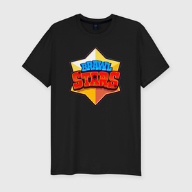 Мужская футболка хлопок Slim с принтом Brawl Stars   лого в Курске, 92% хлопок, 8% лайкра | приталенный силуэт, круглый вырез ворота, длина до линии бедра, короткий рукав | 
