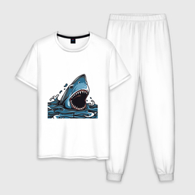 Мужская пижама хлопок с принтом голова акулы с раскрытой челюстью в Новосибирске, 100% хлопок | брюки и футболка прямого кроя, без карманов, на брюках мягкая резинка на поясе и по низу штанин
 | Тематика изображения на принте: 
