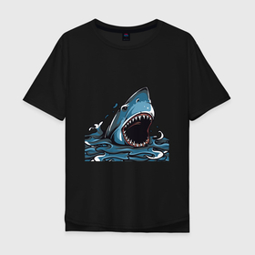 Мужская футболка хлопок Oversize с принтом голова акулы с раскрытой челюстью в Кировске, 100% хлопок | свободный крой, круглый ворот, “спинка” длиннее передней части | 