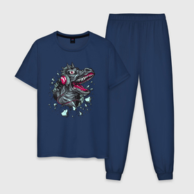Мужская пижама хлопок с принтом динозавр   меломан в наушниках в Кировске, 100% хлопок | брюки и футболка прямого кроя, без карманов, на брюках мягкая резинка на поясе и по низу штанин
 | 
