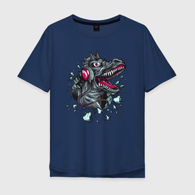 Мужская футболка хлопок Oversize с принтом динозавр   меломан в наушниках , 100% хлопок | свободный крой, круглый ворот, “спинка” длиннее передней части | Тематика изображения на принте: 