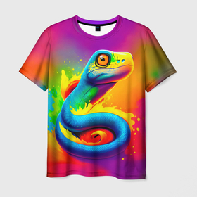 Мужская футболка 3D с принтом Змейка в красках , 100% полиэфир | прямой крой, круглый вырез горловины, длина до линии бедер | Тематика изображения на принте: 