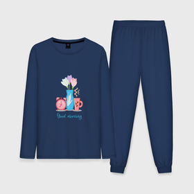 Мужская пижама с лонгсливом хлопок с принтом Цветы, будильник и кофе   доброе утро ,  |  | Тематика изображения на принте: 