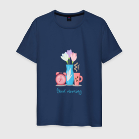 Мужская футболка хлопок с принтом Цветы, будильник и кофе   доброе утро в Тюмени, 100% хлопок | прямой крой, круглый вырез горловины, длина до линии бедер, слегка спущенное плечо. | 