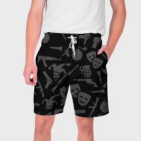Мужские шорты 3D с принтом Маски Джокера и оружие в Курске,  полиэстер 100% | прямой крой, два кармана без застежек по бокам. Мягкая трикотажная резинка на поясе, внутри которой широкие завязки. Длина чуть выше колен | 