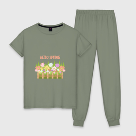 Женская пижама хлопок с принтом Весенние цветы в палисаднике   привет, весна , 100% хлопок | брюки и футболка прямого кроя, без карманов, на брюках мягкая резинка на поясе и по низу штанин | Тематика изображения на принте: 