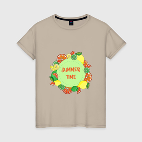 Женская футболка хлопок с принтом Фрукты цитрусы   время лета в Санкт-Петербурге, 100% хлопок | прямой крой, круглый вырез горловины, длина до линии бедер, слегка спущенное плечо | 