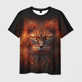 Мужская футболка 3D с принтом рыжий  огненный кот в Белгороде, 100% полиэфир | прямой крой, круглый вырез горловины, длина до линии бедер | 