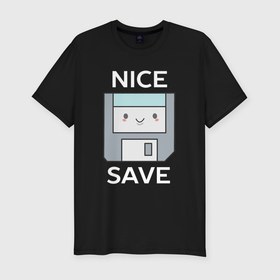 Мужская футболка хлопок Slim с принтом Nice save   ретро дискета в Санкт-Петербурге, 92% хлопок, 8% лайкра | приталенный силуэт, круглый вырез ворота, длина до линии бедра, короткий рукав | 