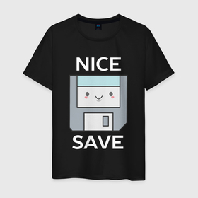 Мужская футболка хлопок с принтом Nice save   ретро дискета в Курске, 100% хлопок | прямой крой, круглый вырез горловины, длина до линии бедер, слегка спущенное плечо. | Тематика изображения на принте: 