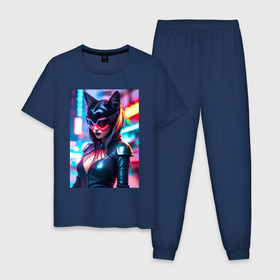 Мужская пижама хлопок с принтом Японская девушка кошка   киберпанк , 100% хлопок | брюки и футболка прямого кроя, без карманов, на брюках мягкая резинка на поясе и по низу штанин
 | Тематика изображения на принте: 