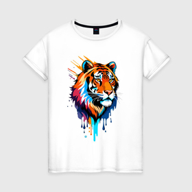 Женская футболка хлопок с принтом Тигр в краске в Новосибирске, 100% хлопок | прямой крой, круглый вырез горловины, длина до линии бедер, слегка спущенное плечо | 