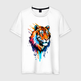 Мужская футболка хлопок с принтом Тигр в краске в Петрозаводске, 100% хлопок | прямой крой, круглый вырез горловины, длина до линии бедер, слегка спущенное плечо. | 