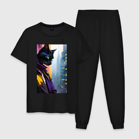 Мужская пижама хлопок с принтом Black cat in New York   neural network , 100% хлопок | брюки и футболка прямого кроя, без карманов, на брюках мягкая резинка на поясе и по низу штанин
 | Тематика изображения на принте: 