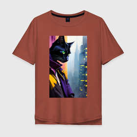 Мужская футболка хлопок Oversize с принтом Black cat in New York   neural network в Новосибирске, 100% хлопок | свободный крой, круглый ворот, “спинка” длиннее передней части | 