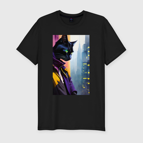 Мужская футболка хлопок Slim с принтом Black cat in New York   neural network , 92% хлопок, 8% лайкра | приталенный силуэт, круглый вырез ворота, длина до линии бедра, короткий рукав | 