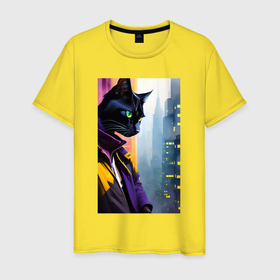 Мужская футболка хлопок с принтом Black cat in New York   neural network в Белгороде, 100% хлопок | прямой крой, круглый вырез горловины, длина до линии бедер, слегка спущенное плечо. | 